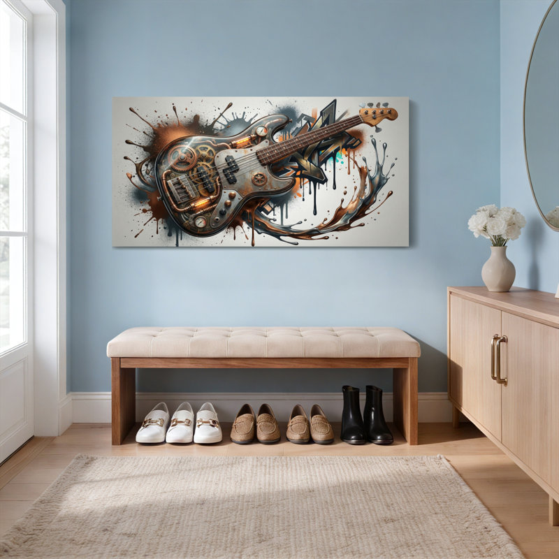 Guitare Steampunk avec engrenages mécaniques et éclaboussures de peinture - Toile tendue sur châssis (1 pièce)