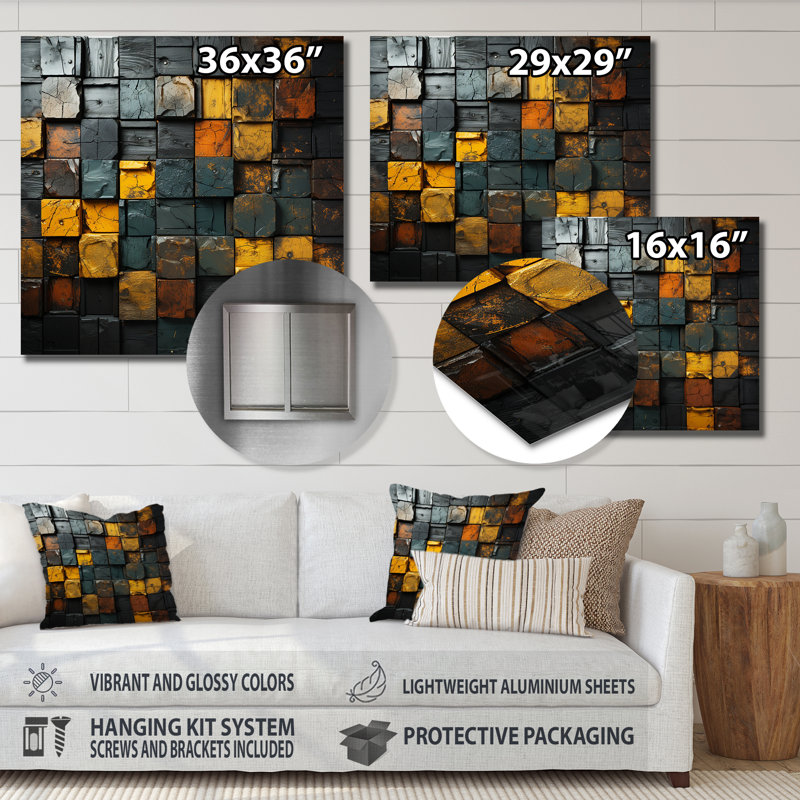 Cubes dorés abstraits géométriques I - art mural géométrique en métal, H 16 po x l 16 po