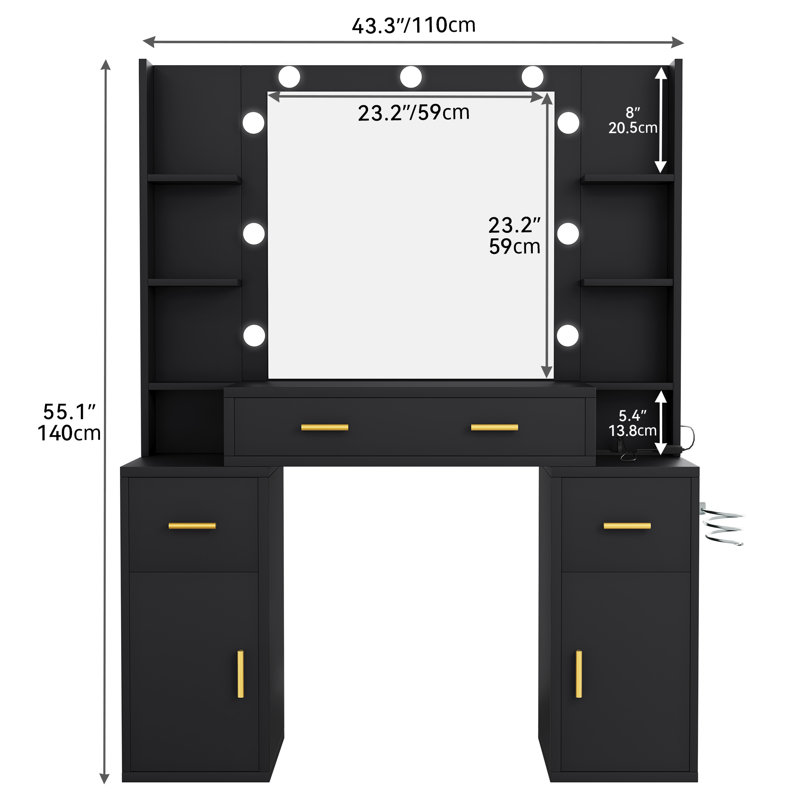 Venette Vanity with Built-In Outlets and Lighted Mirror, Black
