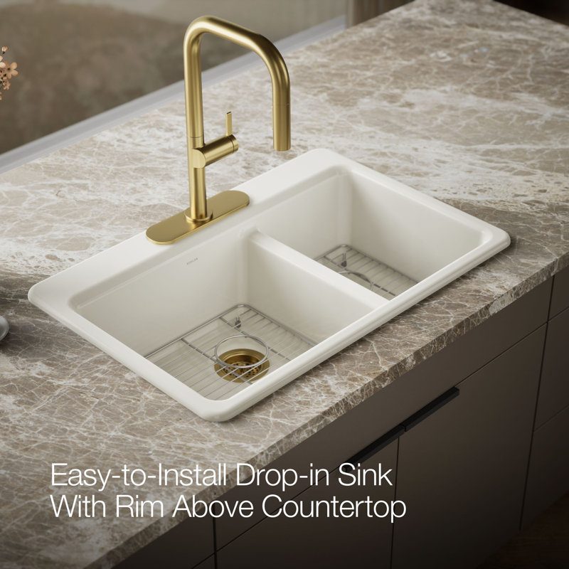 Riverby 33 In. Top-Mount Double-Bowl Kitchen Sink, 3 hole, Biscuit, Large/medium bowls