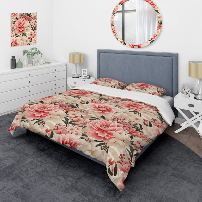 Rose floral pivoine délicatesse - ensemble de housse de couette floral - microfibre de polyester