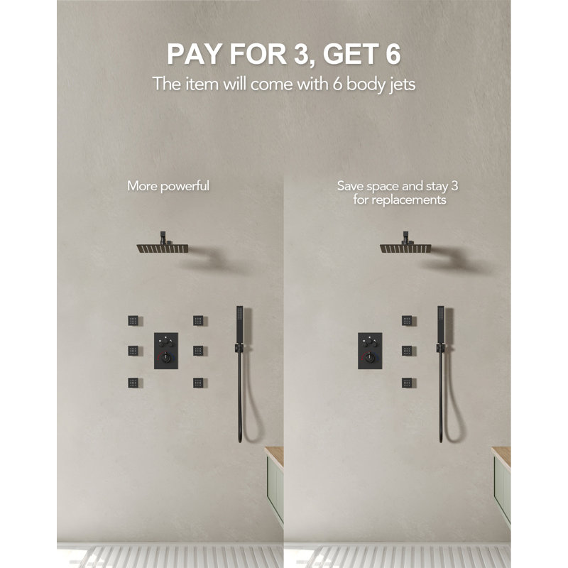 Système de robinet de douche thermostatique avec pomme de douche 12 "avec valve brute, Noir mat