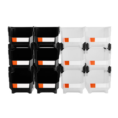 Plastic Stackable Storage Bins, 14.8 x 8.5 x 7.1 inch (12 Pack), Plastic Containers for Organizing & Storage Bins for Garage, Small Parts, Office Supplies, Other Accessories, Black & Transparent