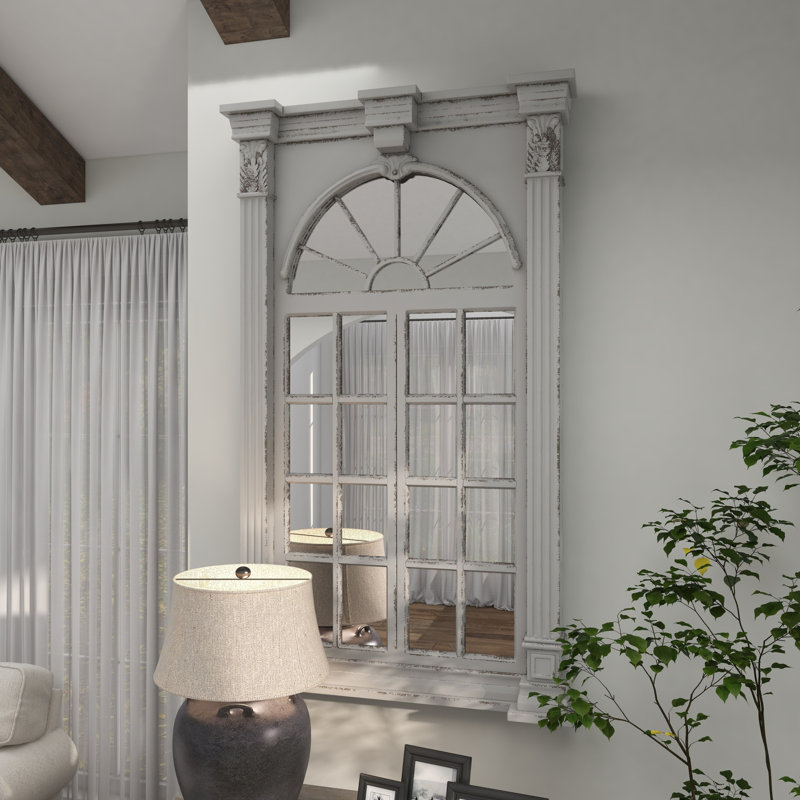 Karlstad Cream Wood Vintage Scrolled Window Pane Room Wall Mirror with Arched Top and Columns 52" x 37"