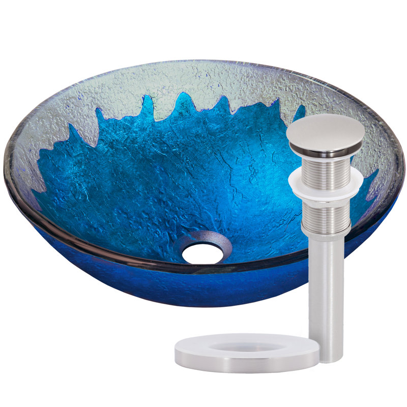 Novatto 16.5'' Blue/Silver Glass Circular Bathroom Sink, Brushed Nickel