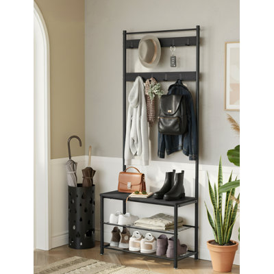 Steel Frame 3-In-1 Entryway Tree/Clothes Rack + Shoe Cabinet + Bench, Industrial Style Charcoal Grey, Dimensions 12.5×27.7×68.8 Inches.