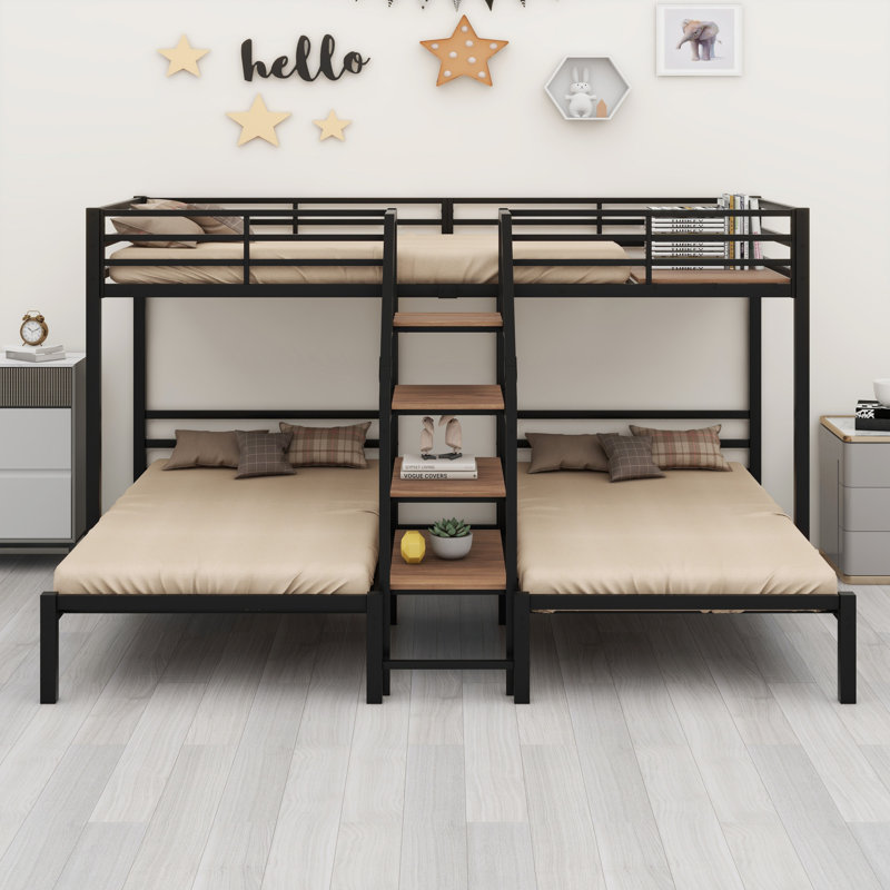 Metal Triple Bunk Bed With Storage Shelves Staircase, Black