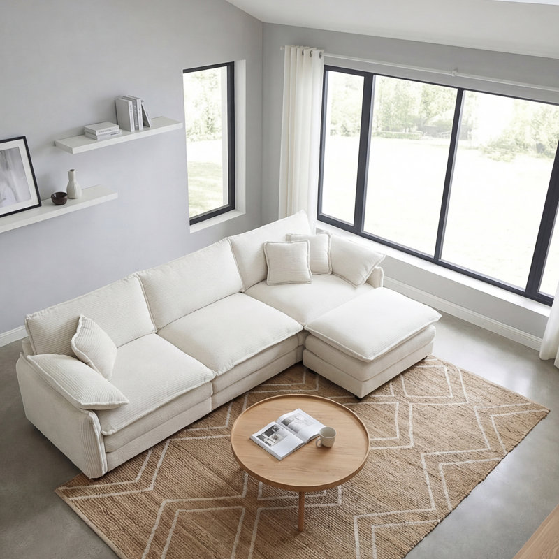 Kaoruko Oversize 3-seater Sofa With One Footrest, L-shaped Sectional Sofa With Ottoman For Living Rooms, White Corduroy