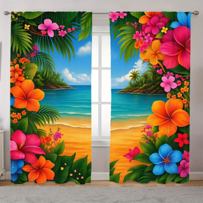 2Pcs Tropical Beach Floral Curtains, Vibrant Aloha Island Scene Modern room decor for living bedroom Kitchen Rod Pocket Window Drapes