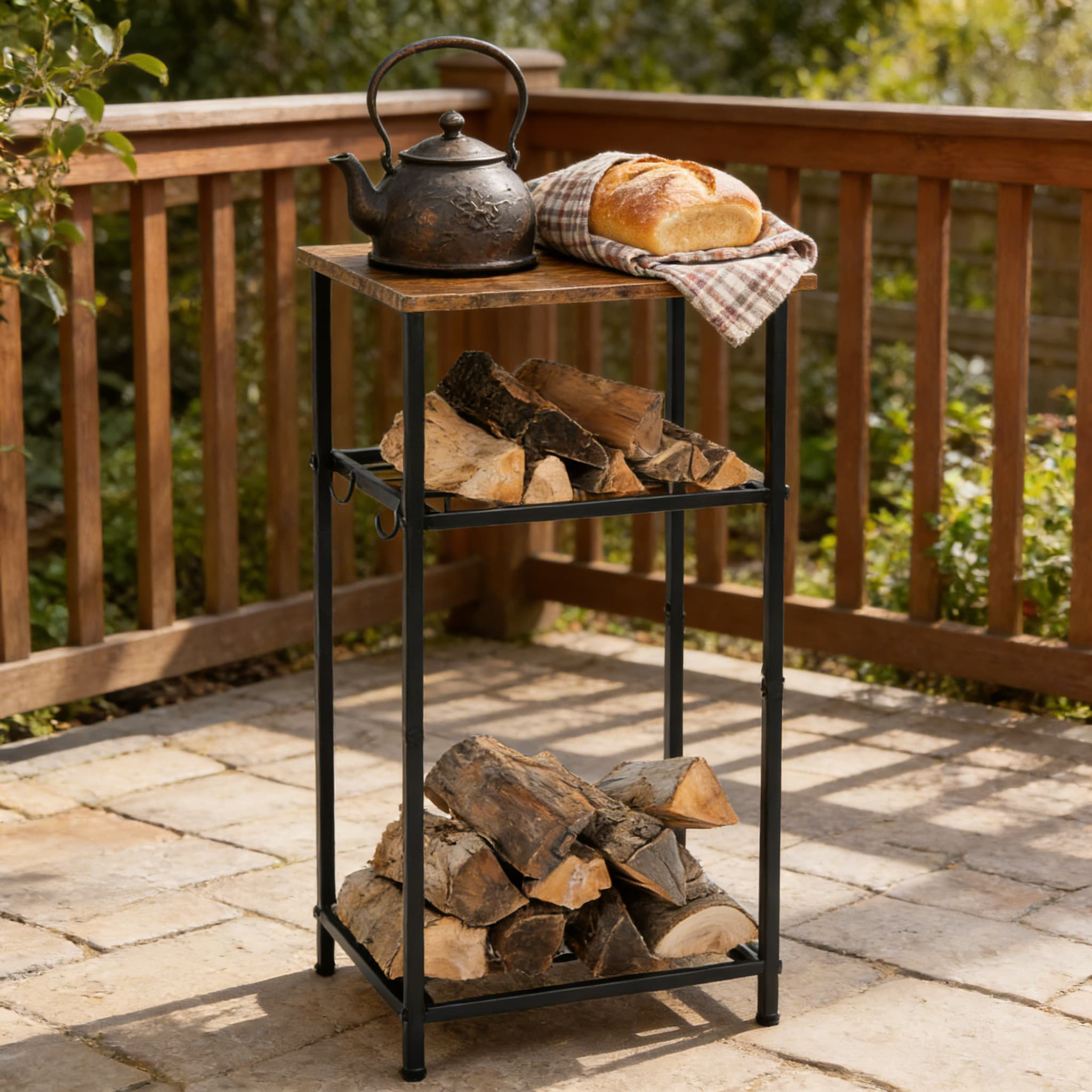 Tier Log Rack 17 Stories 2-Tier Firewood Rack With Storage Shelf & Hooks - Heavy Duty ...