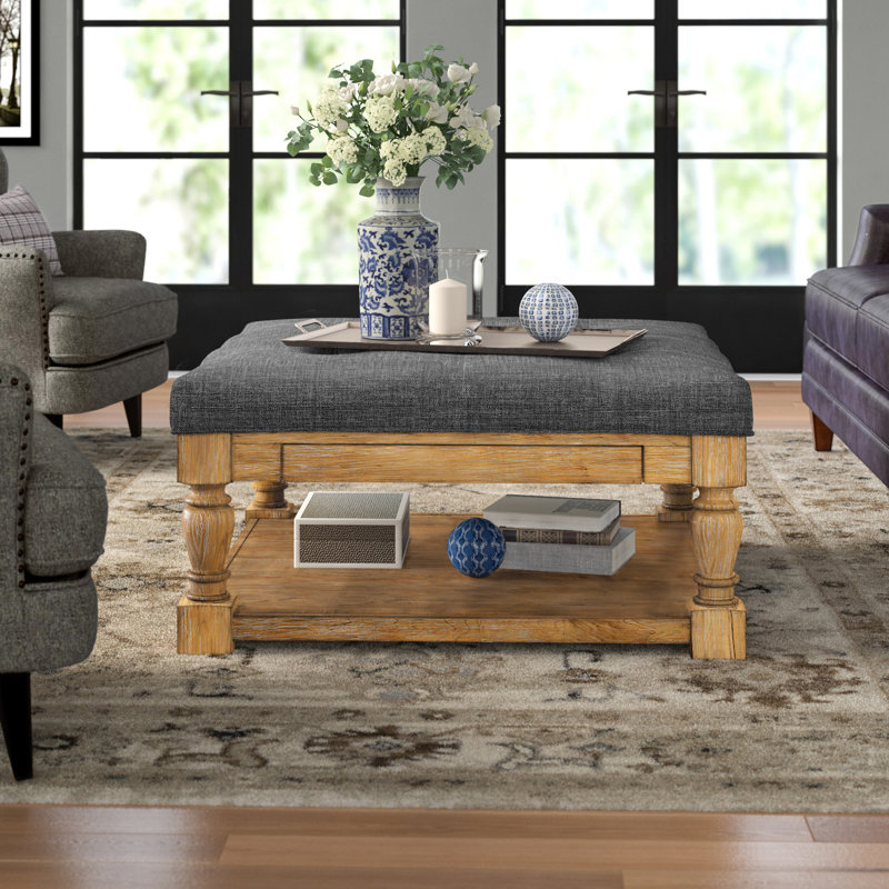 Arthuro Upholstered Ottoman, Pewter Gray Linen, Natural