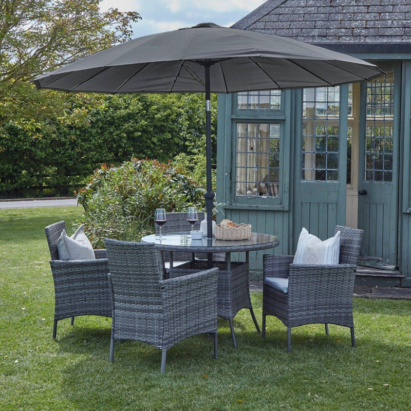 Dubose 4 - Person Wicker Patio Dining Set with Round Table , Cushions Included, Grey with Grey umbrella