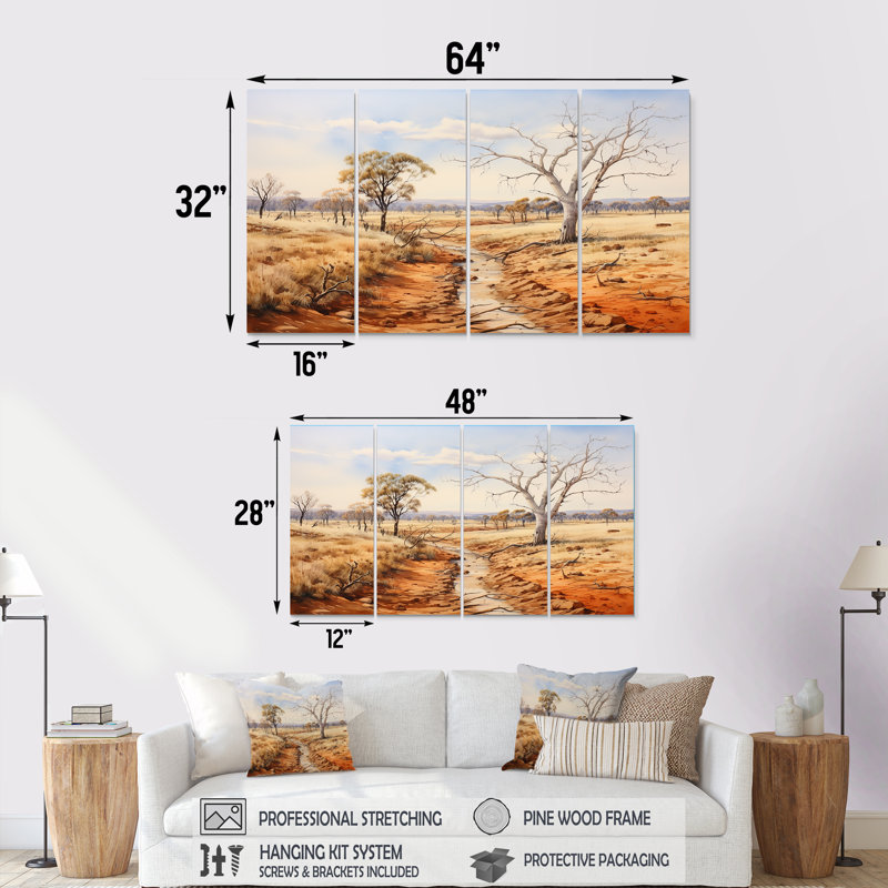 «Australian Outback Landscape I», art mural 4 pièces, H 28 po x l 48 po