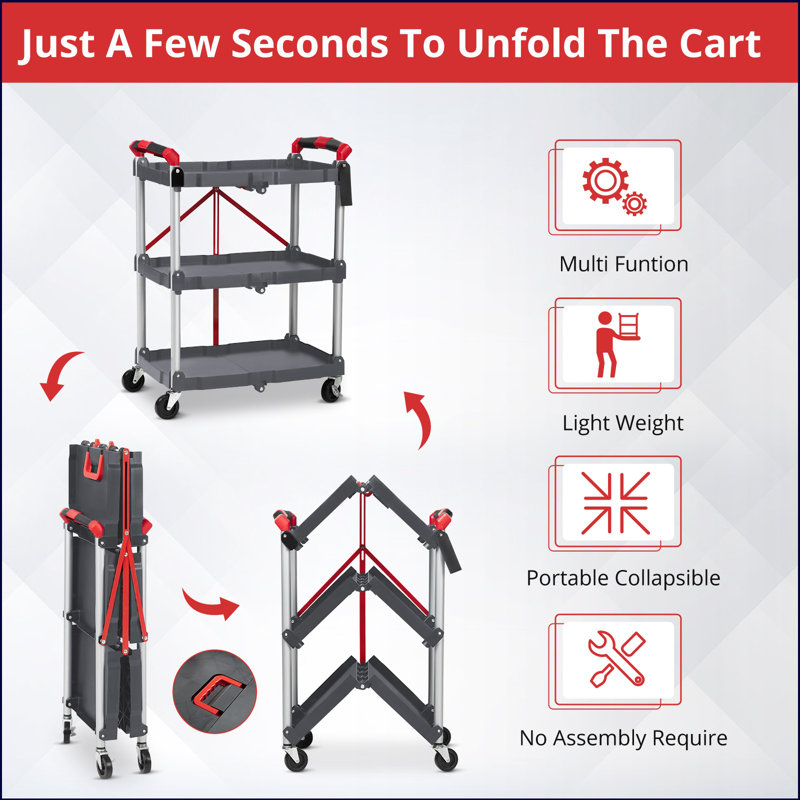 Foldable Utility Carts With Wheels, 3-tier Holds Folding Rolling Cart With Fixed Rope, Pack-n-roll Collapsible Service Cart For Home, Office, Garage, And Warehouse - No Assembly Required