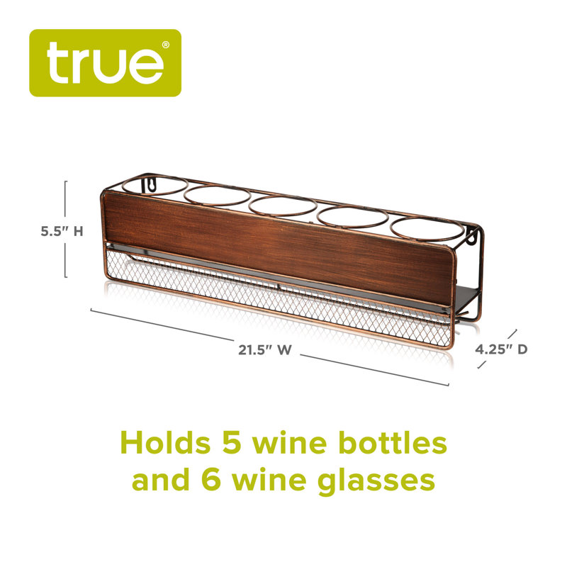 Brown Wood and Iron Wall Mounted Wine Shelf with Stemware Rack