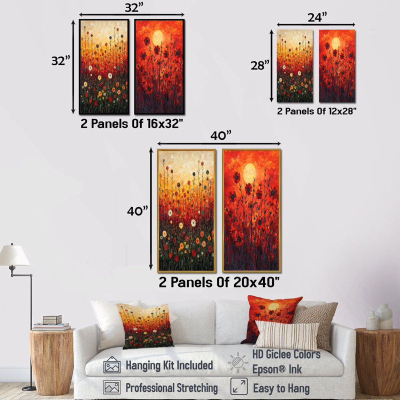 Red Sunset Wildflowers Glory I - Art mural floral, collection 2 panneaux, H 32 po x l 33 po, Cadre flottant noir