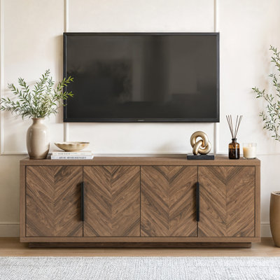Landon 72" Floor Mounted Mid-Century Modern TV Stand With 4 Soft-Close Storage Cabinets Media Console For TVs up to 80", Herringbone Wood Modern Entertainment Center for Living Room Bedroom Hallway