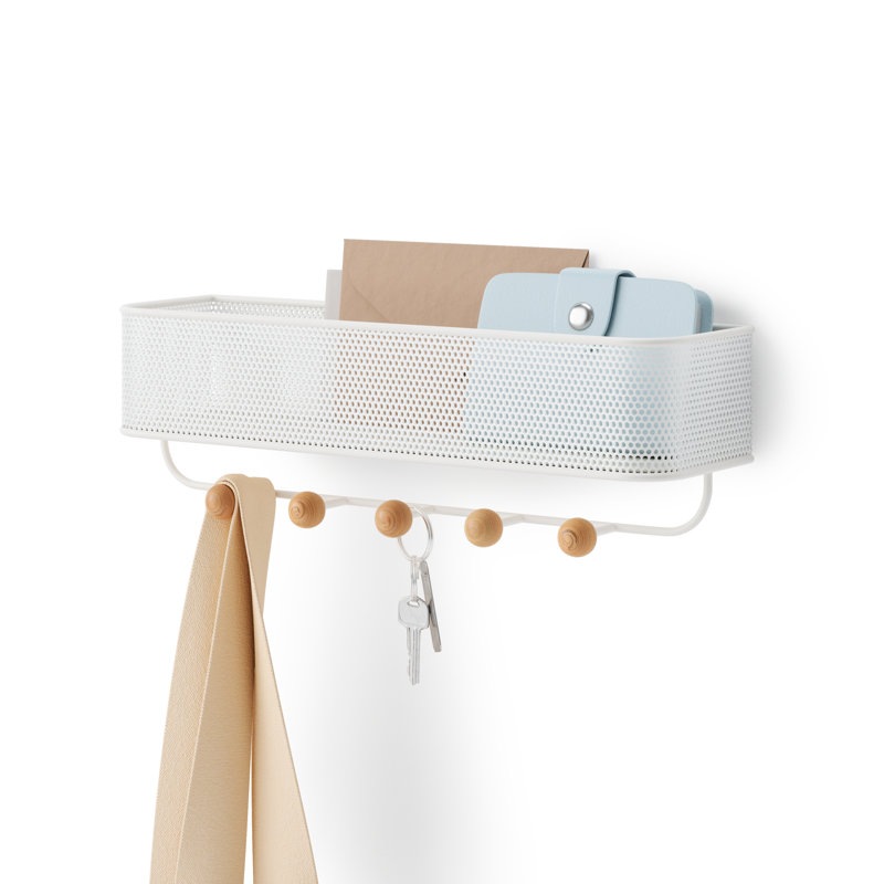 White Steel Wall Organizer with Wooden Knob Hooks