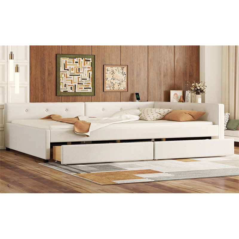 Modern Upholstered Platform Bed With USB Ports And 2 Storage Drawers, Elegant Linen Fabric For  Bedrooms, Full