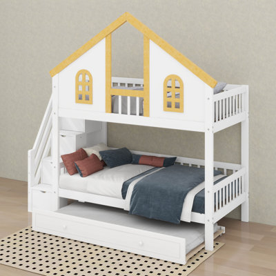 Lit superposé Playhouse avec lit gigogne et escalier de rangement - Lit mezzanine en bois avec fenêtres, porte, toit