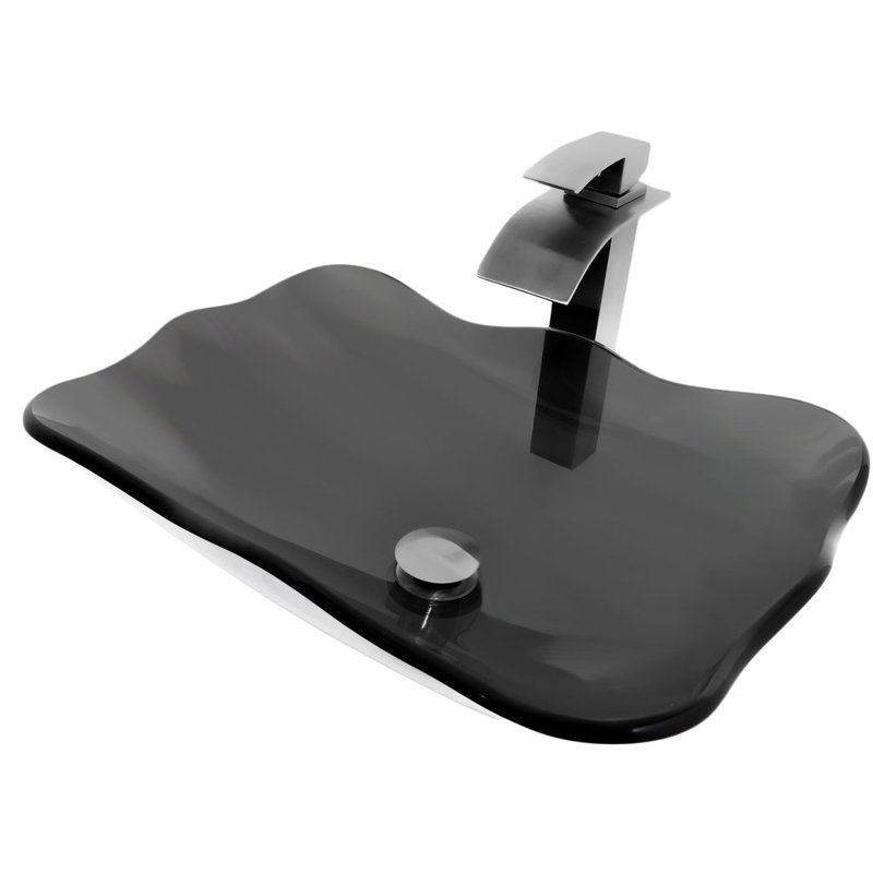 Novatto 15'' Glass Bathroom Sink with Faucet, Black,  Gun Metal