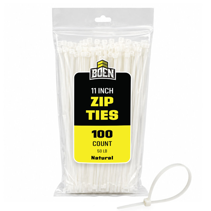 Boen 11 in, 100-Pack, Natural Nylon Cable Ties - 50lb, 0.25 H x 11 W x 0.25 D, White