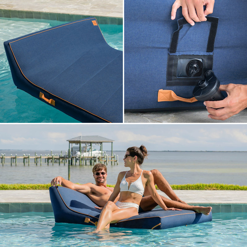 Flotteur de piscine Big Joe Lux Chaise double de qualité supérieure, tissu Sunbrella bleu port, mélange de polyester durable protégé contre les rayons UV
