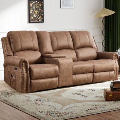97.64” Wide Retro Nailhead Trim Faux Leather Electric Reclining 3-Seater Sofa With USB/Type-C Ports, Side Pocket & Center Console