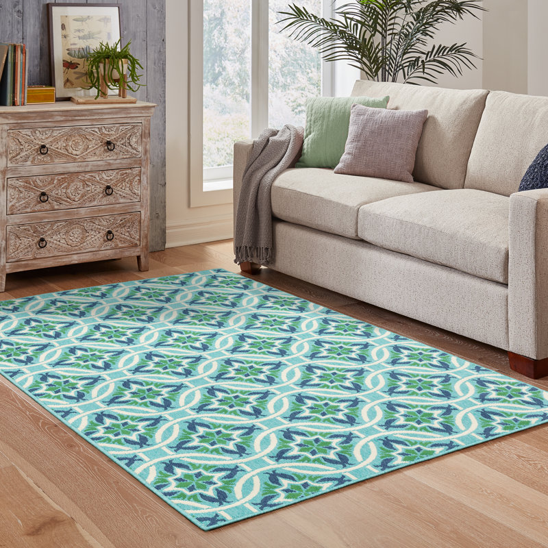 Tapis intérieur / extérieur bleu / vert Jaeden, Rectangle 3 pi 7 po x 5 pi 6 po