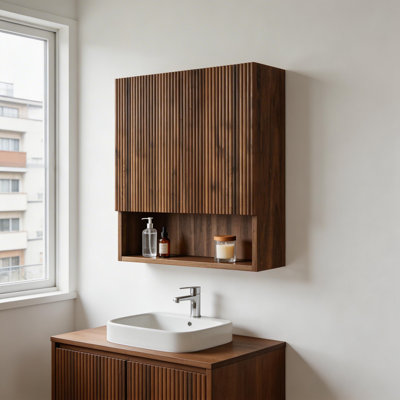 26" Wall-Mounted Striped Bathroom Cabinet with Door, Shelf and Open Compartment