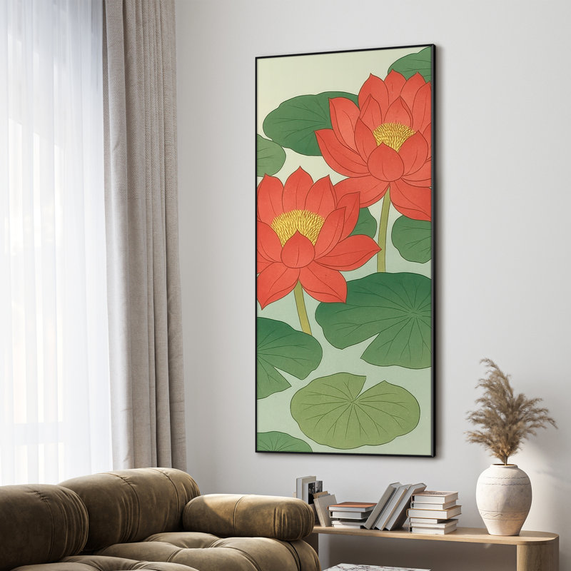Très grande reproduction d'art sur toile - Fleurs de lotus rouges et feuilles vertes, décoration pour le salon ou la chambre à coucher - «Assemblage requis du cadre (cadre non fini)»