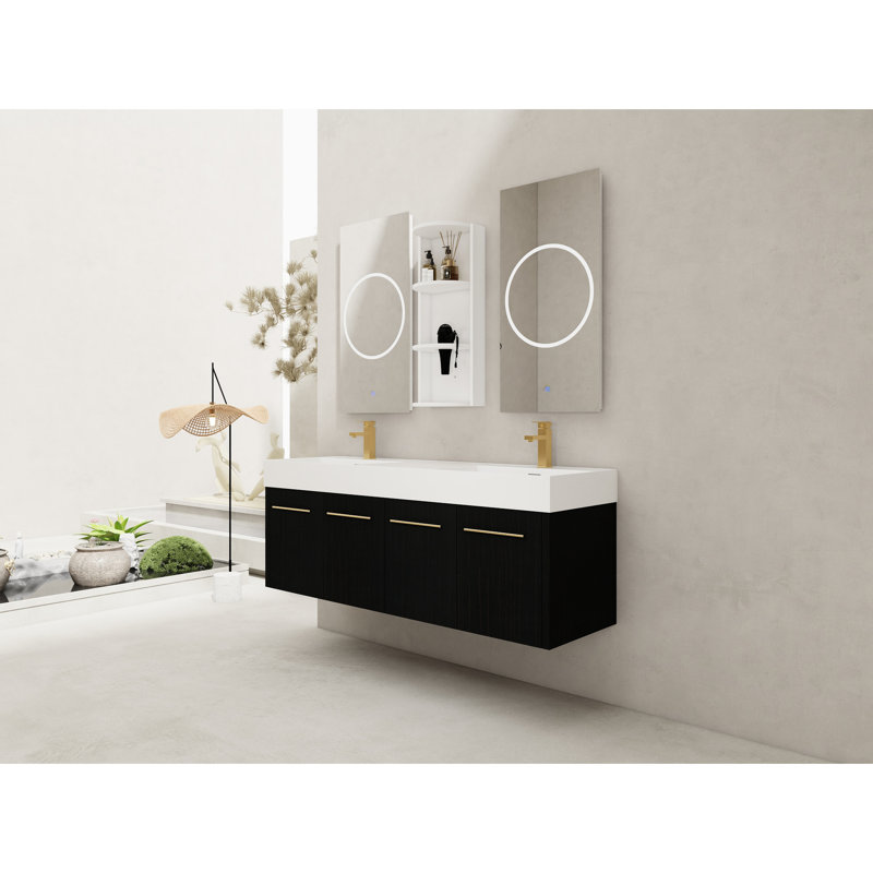 Meuble-lavabo de 60 po avec support de rangement, lavabo double en résine, finition châtaignier noir, charnières à fermeture douce, matériau en pouces, châtaignier, meuble-lavabo mural, portes, fabrication en contreplaqué