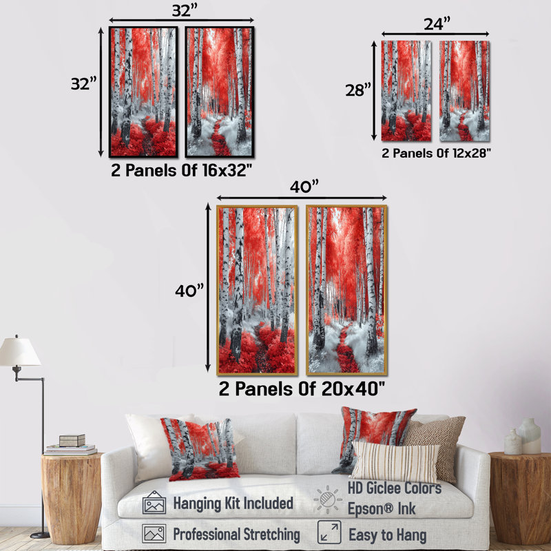 Hiver, bouleaux rouges, forêt, Panorama III, ensemble d'art mural forêt, 2 pièces, H 40 po x l 40 po, Toile tendue