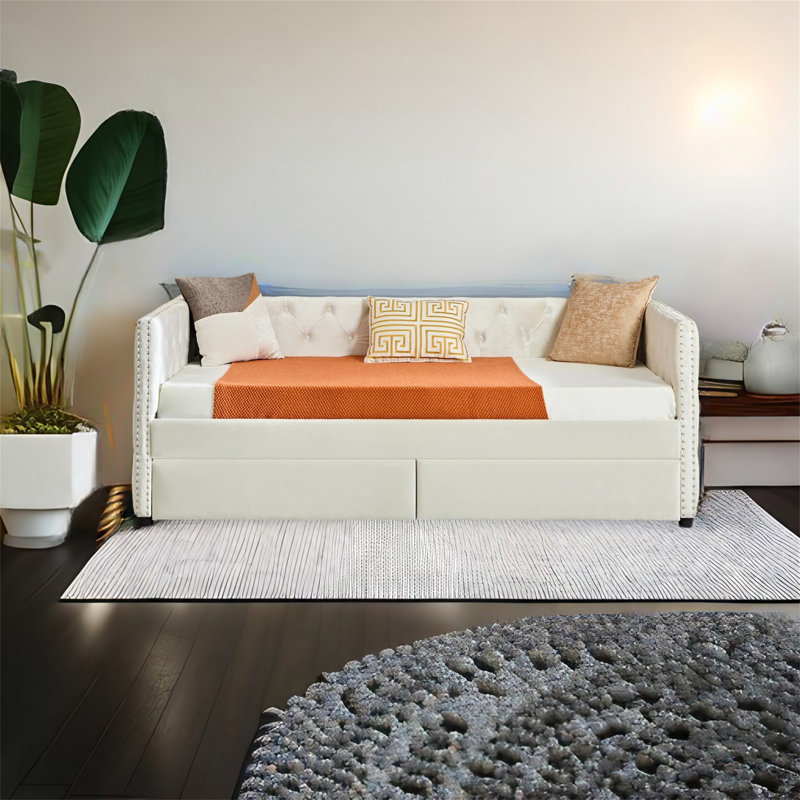 Lit de jour rembourré Leandra, Simple, Beige, Tiroir inclus