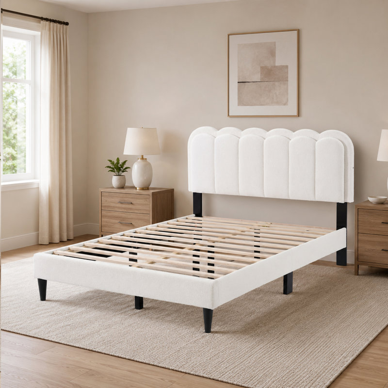 Mevlor Queen Upholstered Bed with Petal Headboard LED Lighting and Solid Wood Frame, Queen