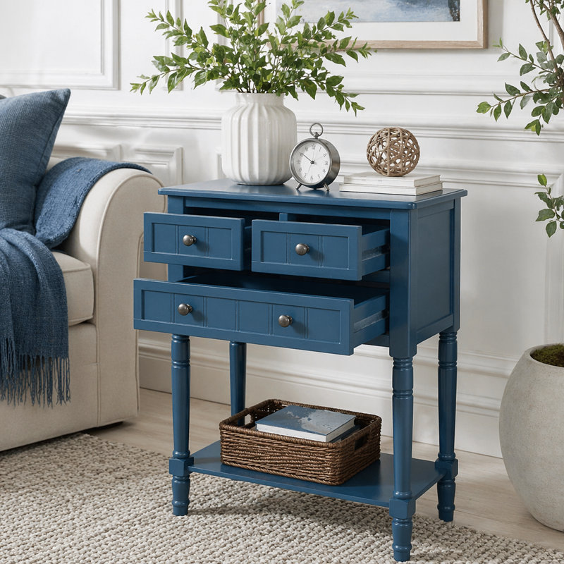 Console étroite avec trois tiroirs de rangement et une tablette inférieure, Navy Blue