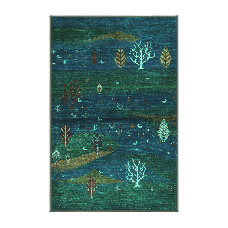 Tapis bleu / vert foncé en laine et en polyester tissé à la machine Eklavya, Rectangle 4 pi x 6 pi