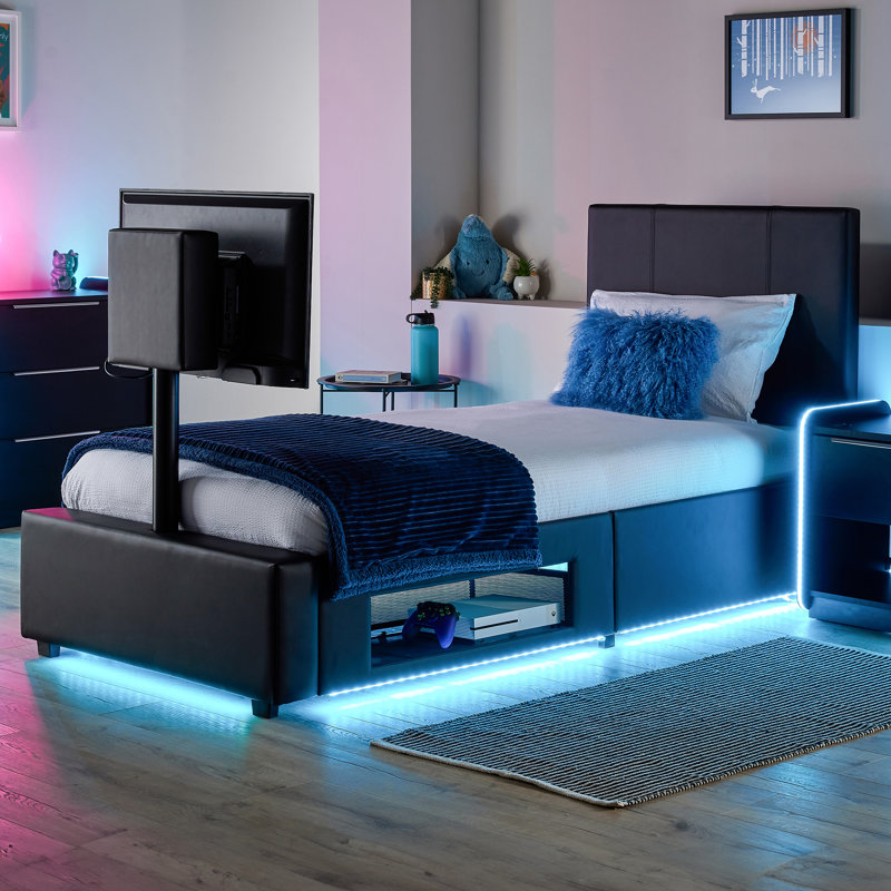 XR Living Ava Upholstered TV Bed with LED Lighting, Single (3'), Black