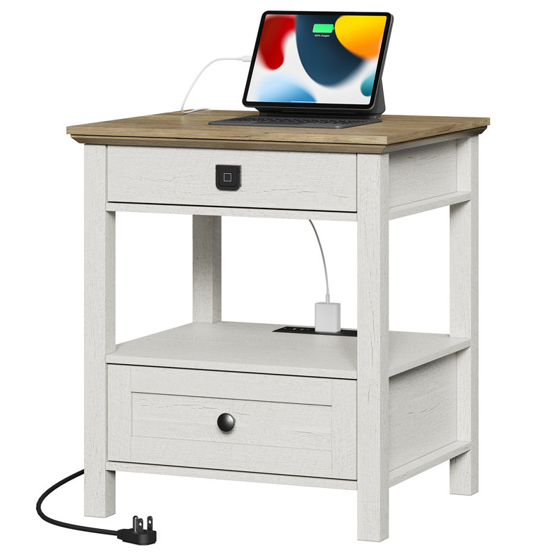 Ariyana End Table With Drawers And Built-In Outlets, White