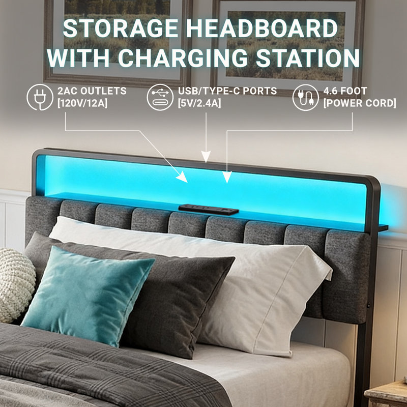 Twin Size Metal Bed Frame With Upholstered Headboard & LED Lights & Charging Station & Large Storage Space, No Box Spring Needed
