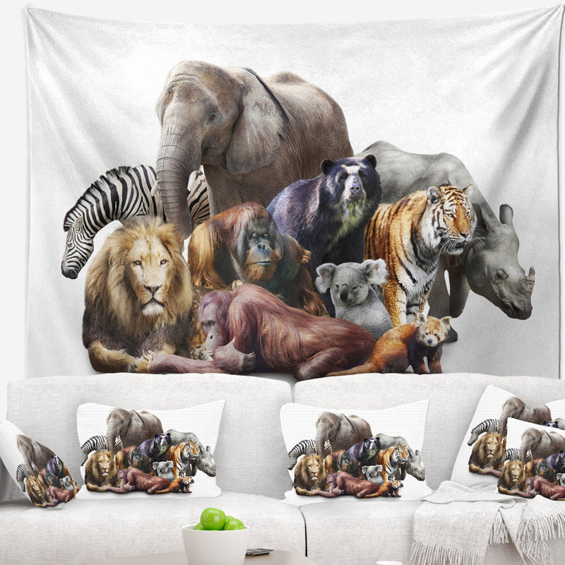 Animaux sur fond blanc, tapisserie abstraite, H 78 po x l 92 po