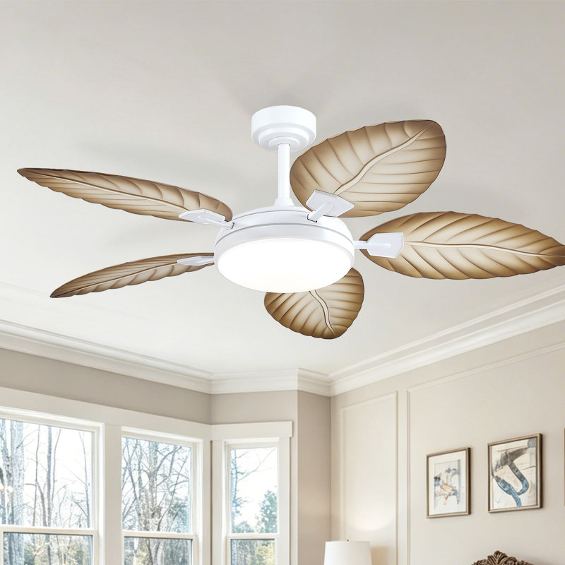 Ventilateurs de plafond 52 "à feuilles de palmier tropicales avec lumières et télécommande, White with Brown