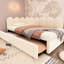 Lit escamotable simple en velours beige, structure à lattes en métal, espace, lit de repos confortable, idéal pour les petits espaces