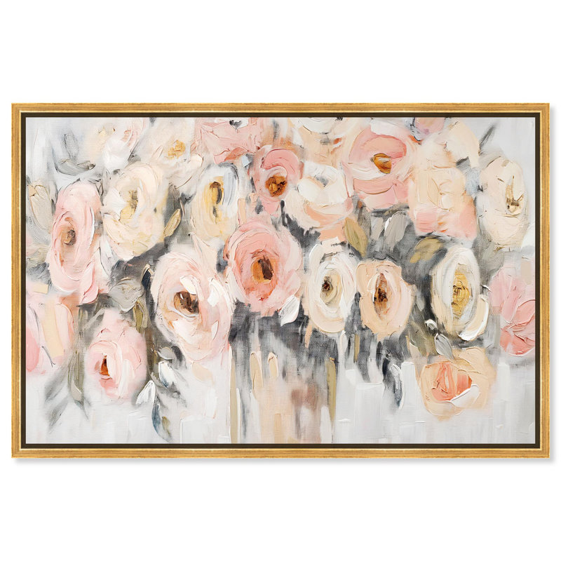 Large Coral Blush and Beige Floral Canvas Art with Gold Frame