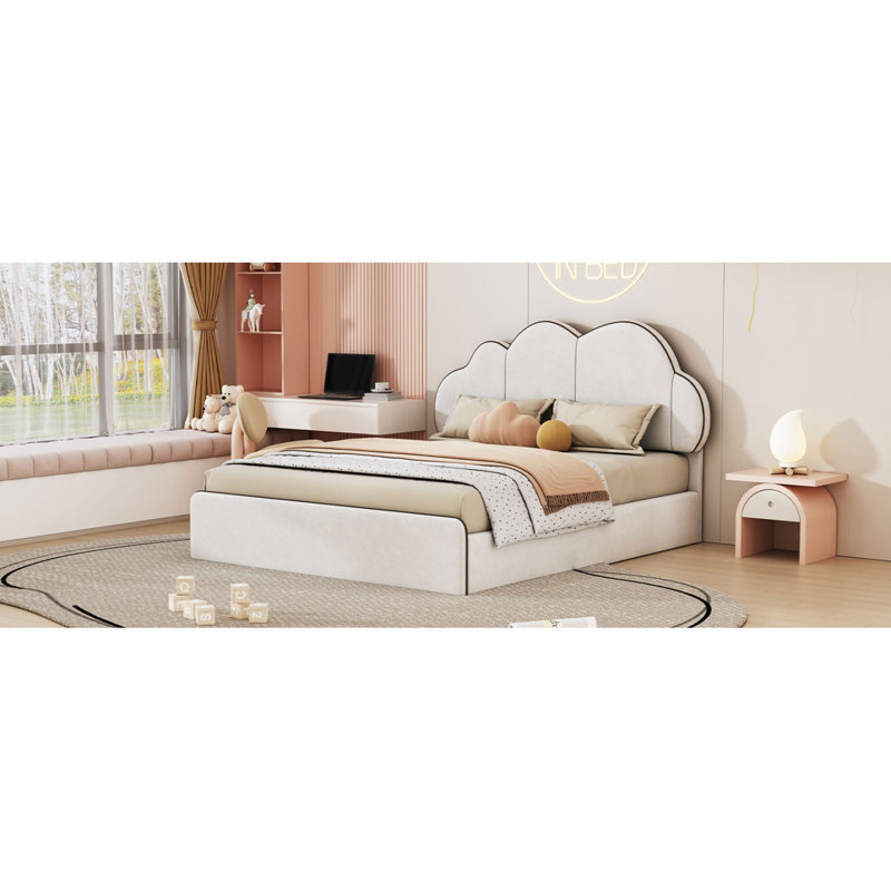 Grand lit plateforme tapissier avec tête de lit nuage beige, Beige