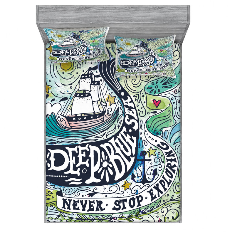 Ensemble de draps Whale On Wavy Ocean, Ensemble de draps pour grand lit avec 2 taies d'or