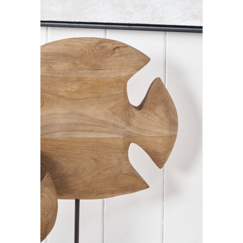 Handcarved Mango Wood Double Teardrop Angelfish Ornament, Natural