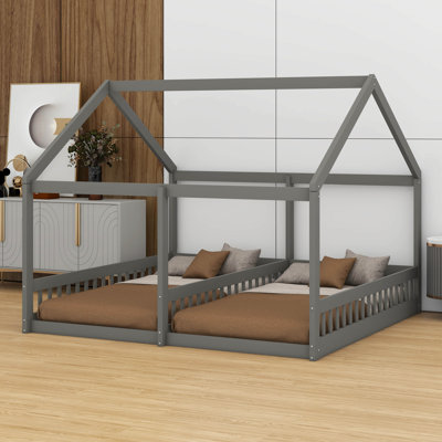 Wood Twin Size Double House Shaped Platform Beds, Side By Side 2 Shared Beds
