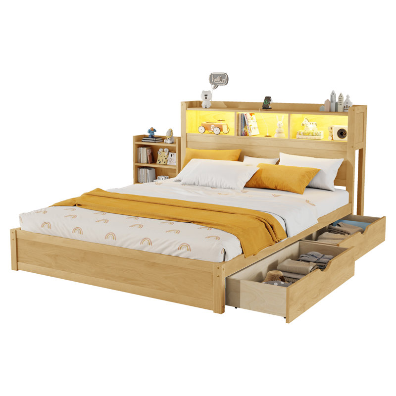 Lit plateforme très grand en bois naturel avec tiroirs et tête de lit escamotable, Natural, King