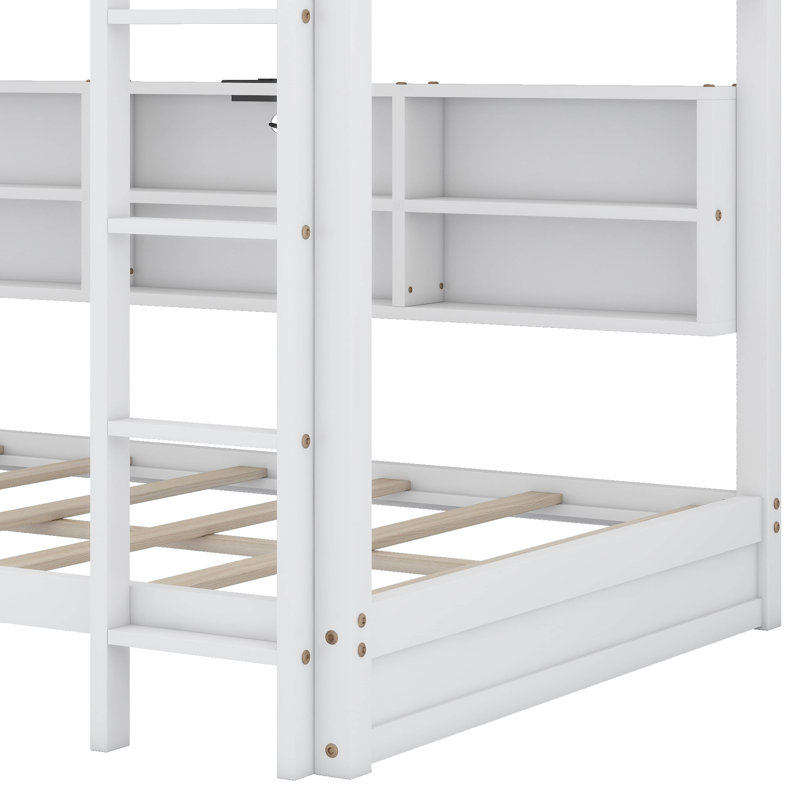 Queen Over Queen Bunk Bed With Storage Cabinets, White
